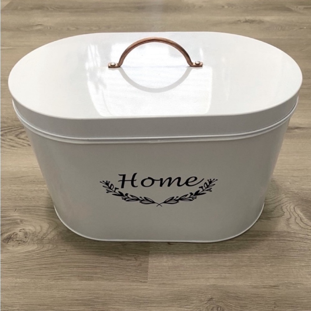 White Metal Bread Box With Copper Handle & Home Stamp